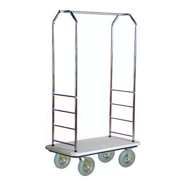 CSL 2000GY-020 Easy-Mover™ Bellman Cart Chrome Finish Customizable Bellman's Cart with Rectangular Black Carpet Base, Gray Bumper, Clothing Rail, and 8" Gray Pneumatic Casters - 43" x 23" x 72 1/2"