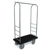 CSL 2000BK-020 Easy-Mover™ Bellman Cart Chrome Finish Customizable Bellman's Cart with Rectangular Red Carpet Base, Black Bumper, Clothing Rail, and 8" Gray Pneumatic Casters - 43" x 23" x 72 1/2"