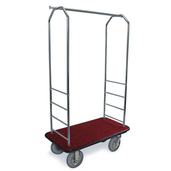 CSL 2000BK-020 Easy-Mover™ Bellman Cart Chrome Finish Customizable Bellman's Cart with Rectangular Red Carpet Base, Black Bumper, Clothing Rail, and 8" Gray Pneumatic Casters - 43" x 23" x 72 1/2"