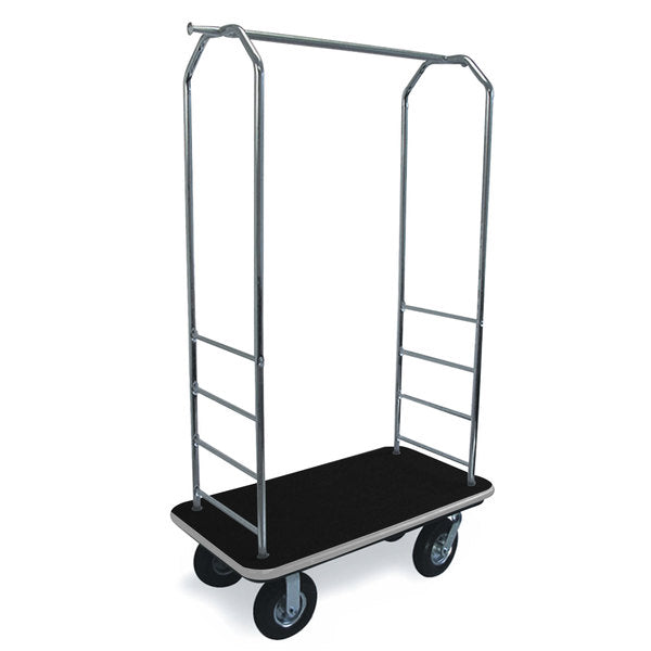 CSL 2000GY-010 Easy-Mover™ Bellman Cart Chrome Finish Customizable Bellman's Cart with Rectangular Black Carpet Base, Gray Bumper, Clothing Rail, and 8" Black Pneumatic Casters - 43" x 23" x 72 1/2"