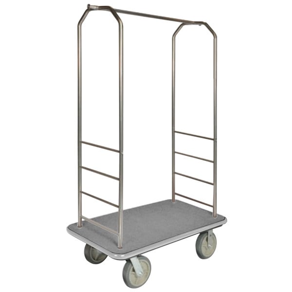 CSL 2000GY-040 Easy-Mover™ Bellman Cart Chrome Finish Customizable Bellman's Cart with Rectangular Red Carpet Base, Gray Bumper, Clothing Rail, and 5" Gray Polyurethane Casters - 43" x 23" x 72 1/2"