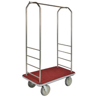 CSL 2000GY-040 Easy-Mover™ Bellman Cart Chrome Finish Customizable Bellman's Cart with Rectangular Red Carpet Base, Gray Bumper, Clothing Rail, and 5" Gray Polyurethane Casters - 43" x 23" x 72 1/2"