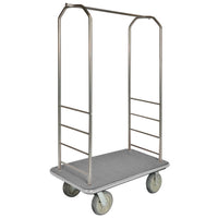 CSL 2000GY-050 Easy-Mover™ Bellman Cart Chrome Finish Customizable Bellman's Cart with Rectangular Gray Carpet Base, Gray Bumper, Clothing Rail, and 8" Gray Polyurethane Casters - 43" x 23" x 72 1/2"