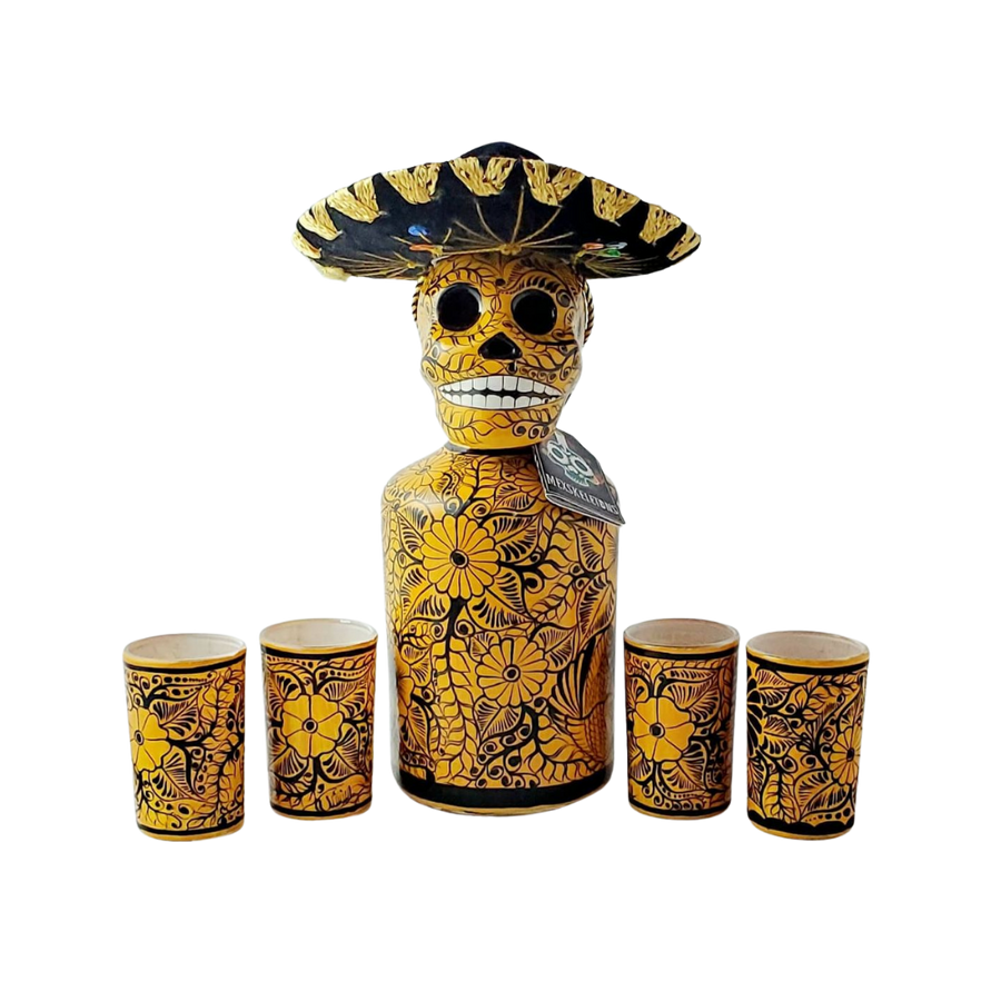 Mexskeletons Decanter & 4 Shot Glass - Yellow with Sombrero