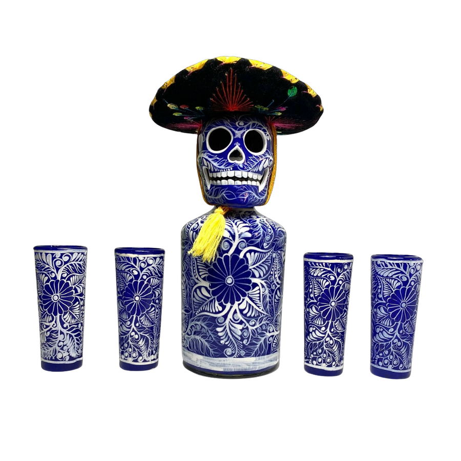 Mexskeletons Decanter & 4 Shot Glass - Blue with Sombrero