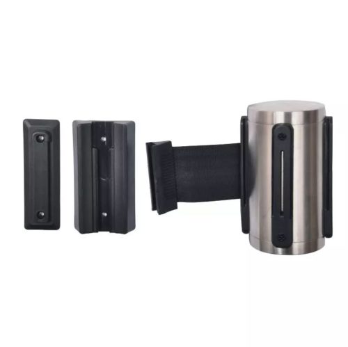 CSL 5515SS-BLK Silver Stainless Steel Wall-Mounted Stanchion Head with 9 1/2' Retractable Black Belt